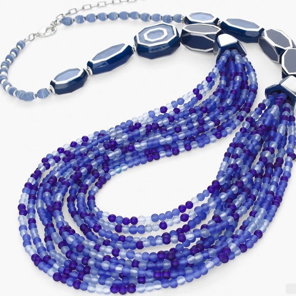 NWOT Blue Beaded Multi-Strand Necklace | Colbalt Blue Silver Statement Jewelry - Picture 4 of 6